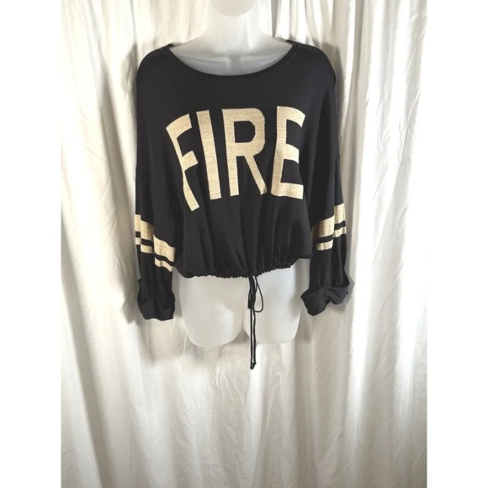 Gabrielle Union New York Co Black‎ FIRE Graphic Crop Top Sweater M Chic 84-39